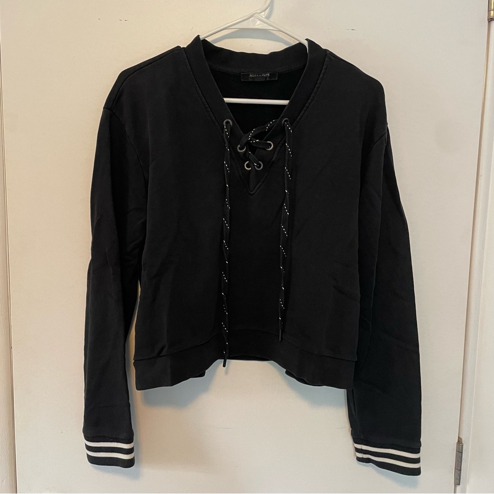 All Saints Black Cropped Lace Up Sweatshirt Size M